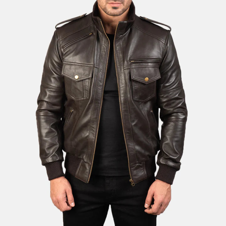 Agent Shadow Brown Leather Bomber Jacket for Men.