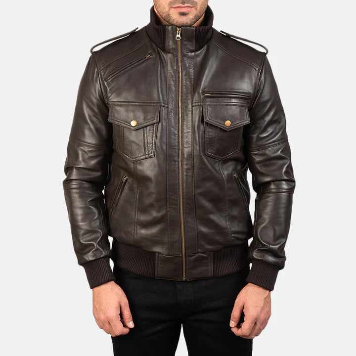 Agent Shadow Brown Leather Bomber Jacket for Men.