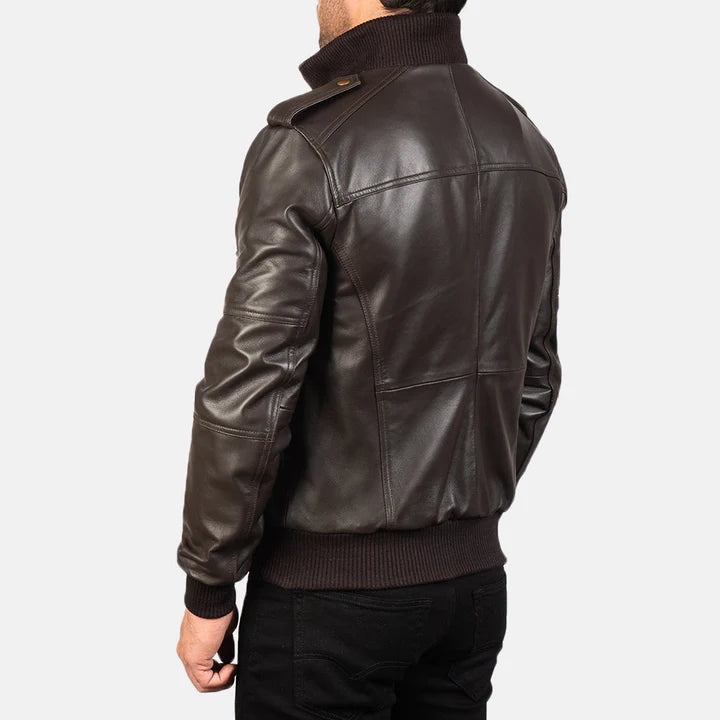 Agent Shadow Brown Leather Bomber Jacket for Men.