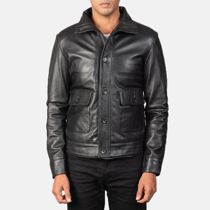 Columbus Black Leather Bomber Jacket for Men