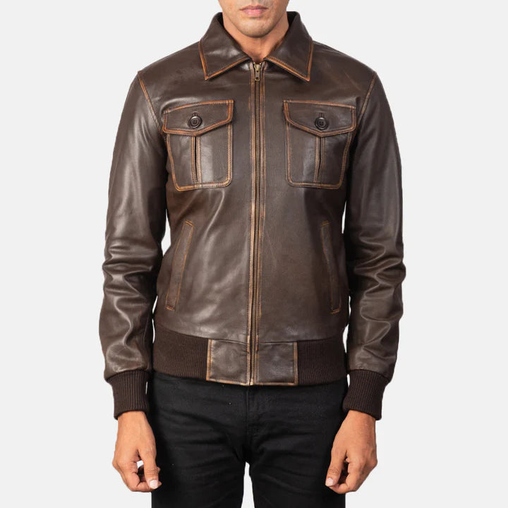Aaron Men’s Brown Leather Bomber Jacket