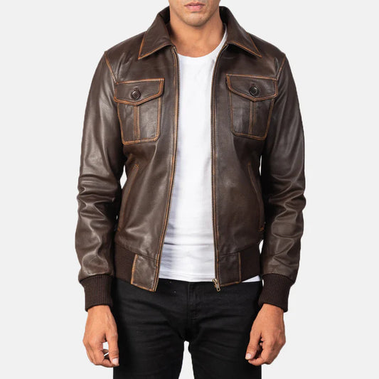 Aaron Men’s Brown Leather Bomber Jacket